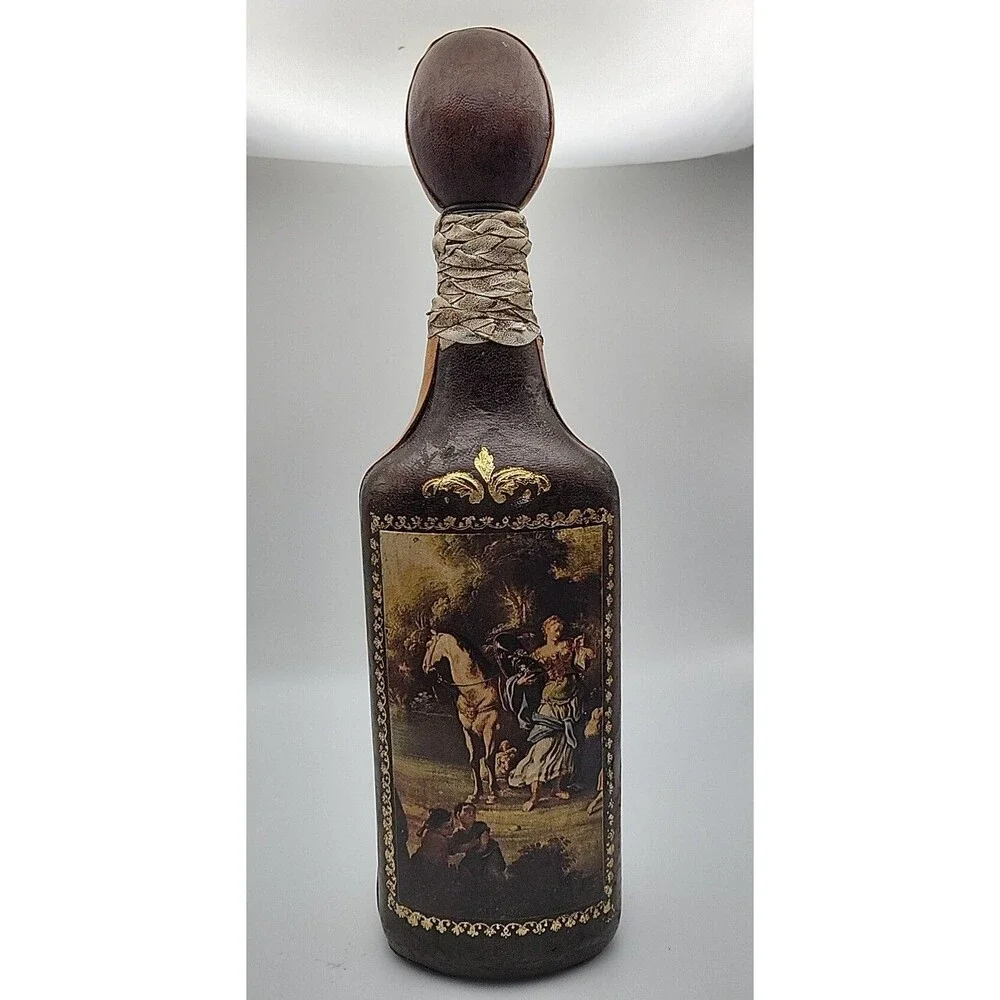 Vintage Rico Leather Covered Glass Liquor Bottle Decanter Made in Italy